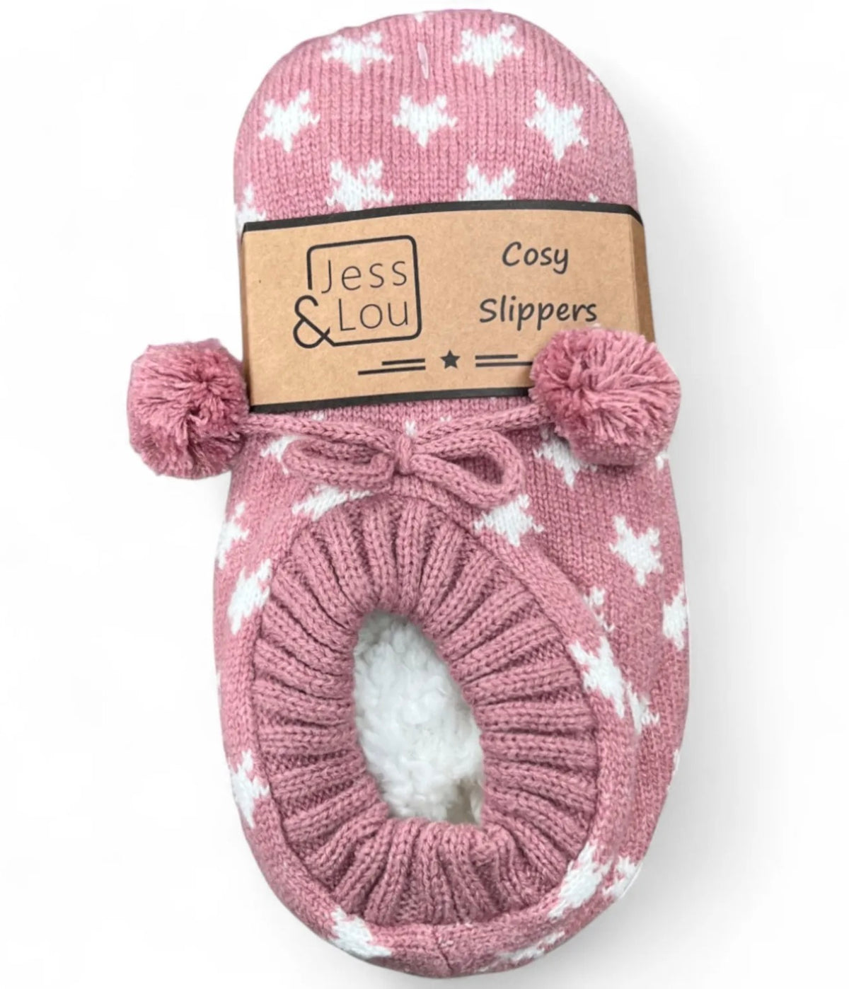 Jess & Lou Cosy Slippers - Pink & White Stars