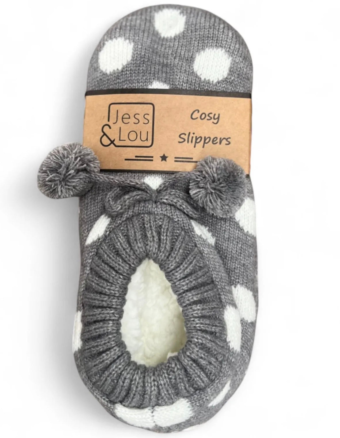 Jess & Lou Cosy Slippers - Grey & White Spots