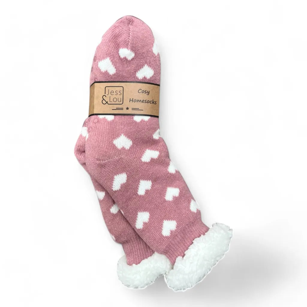 Jess & Lou Cosy Slipper Socks - Pink & White Hearts