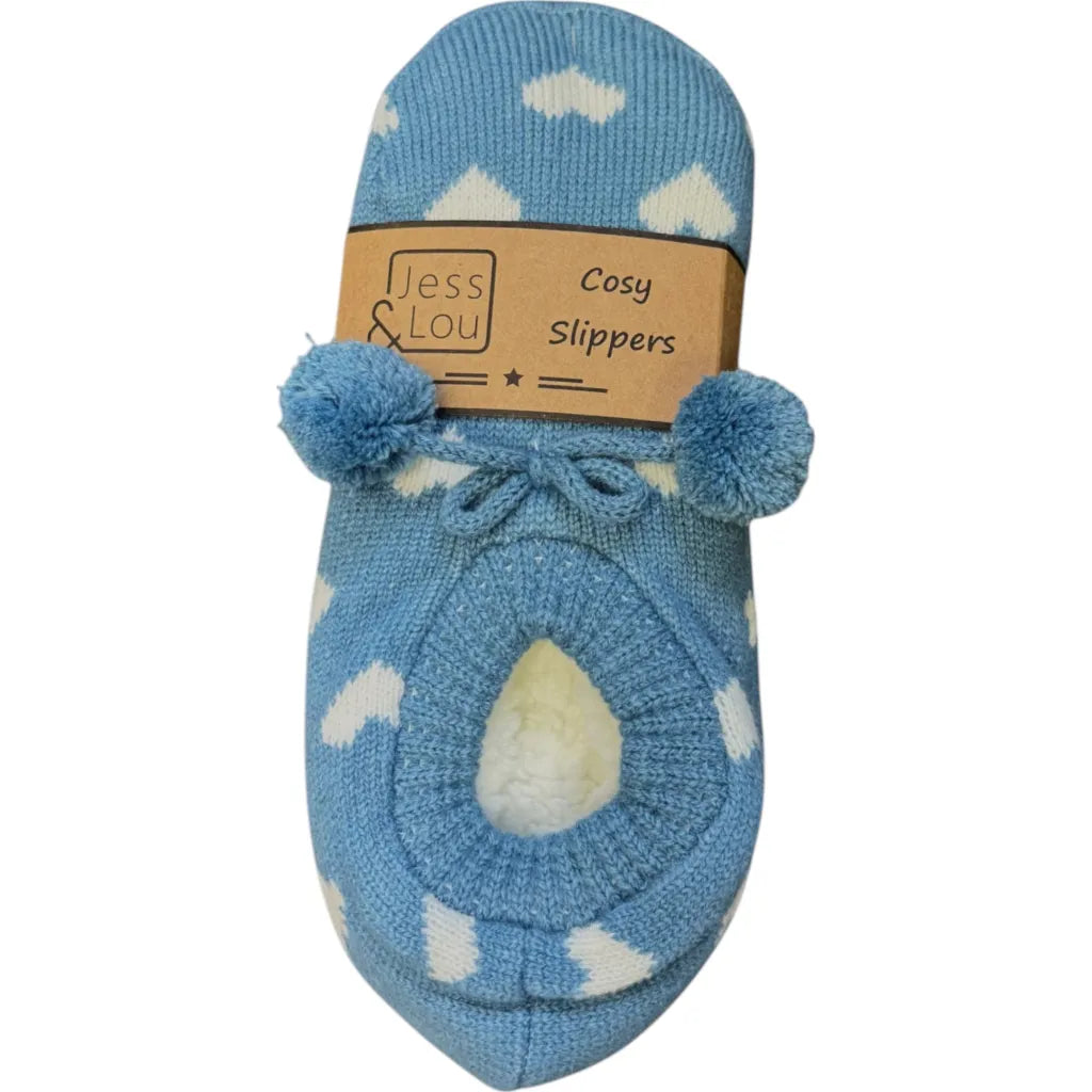 Jess & Lou Cosy Slippers - Cornflower Blue & White Hearts