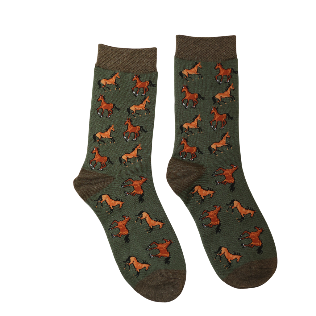 Jess & Lou Bamboo Socks - Green Happy Horses