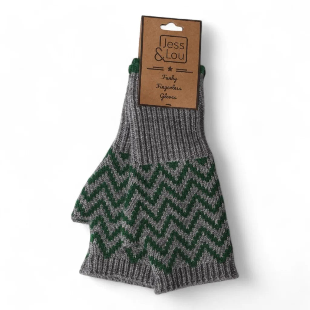Jess & Lou Herringbone Fingerless Gloves Green/Grey