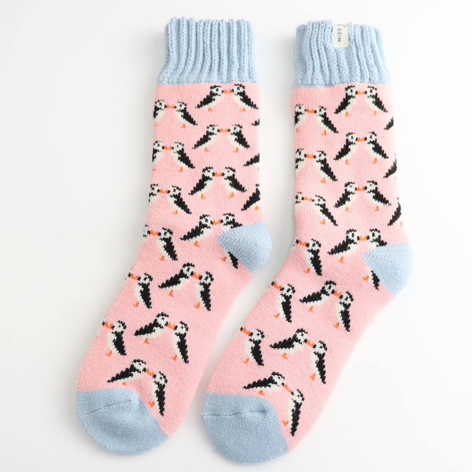 Miss Sparrow Winter Kissing Puffins Dusky Pink Socks
