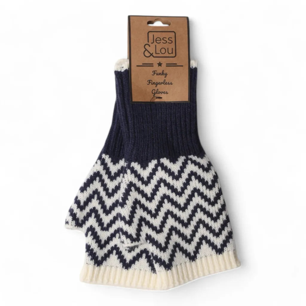 Jess & Lou Fingerless Gloves Navy Herringbone