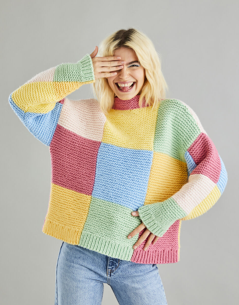 Pattern - Patchwork Funnel Neck Sweater in Hayfield Chunky 10601
