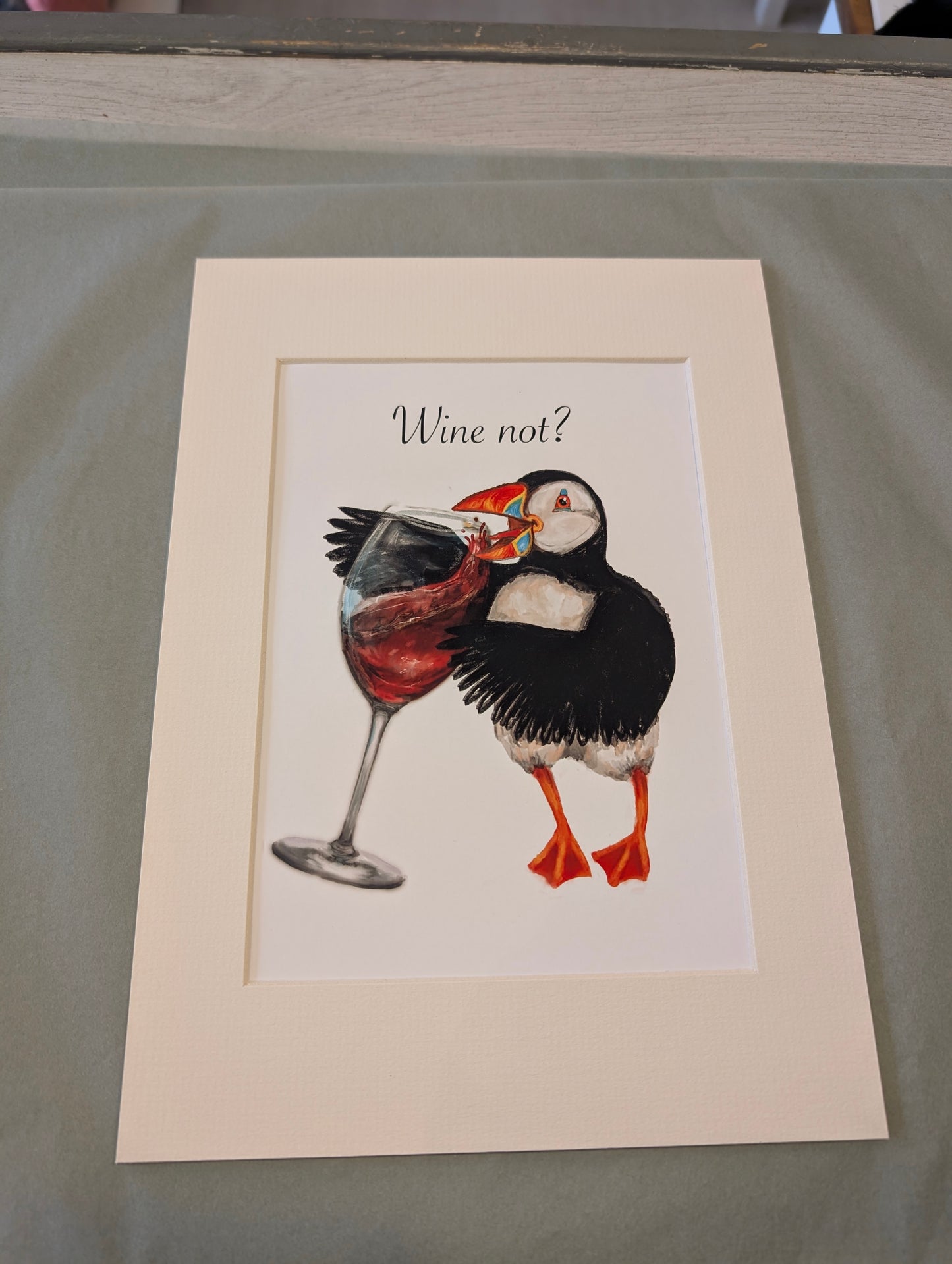 Mounted Wine Not Puffin Print (Red)
