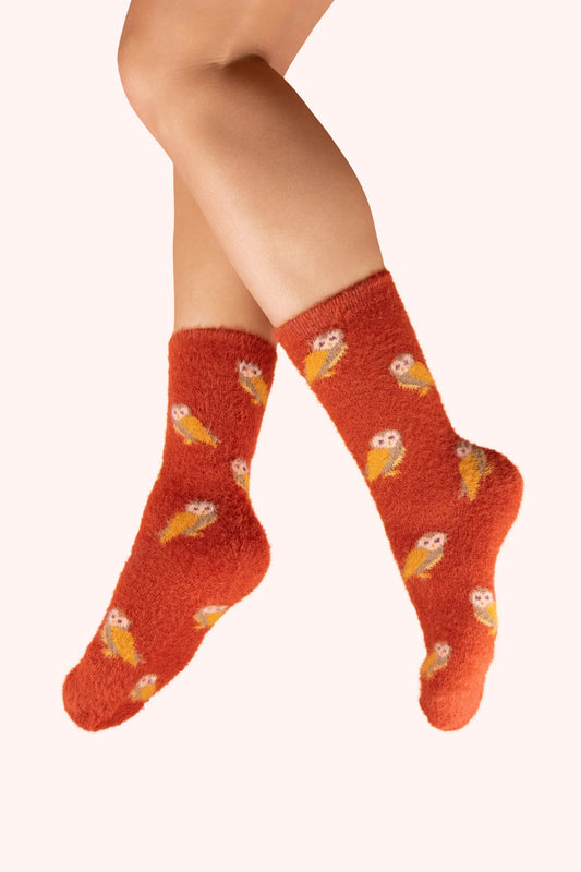 Powder Fuzzy Owl Socks in Tangerine