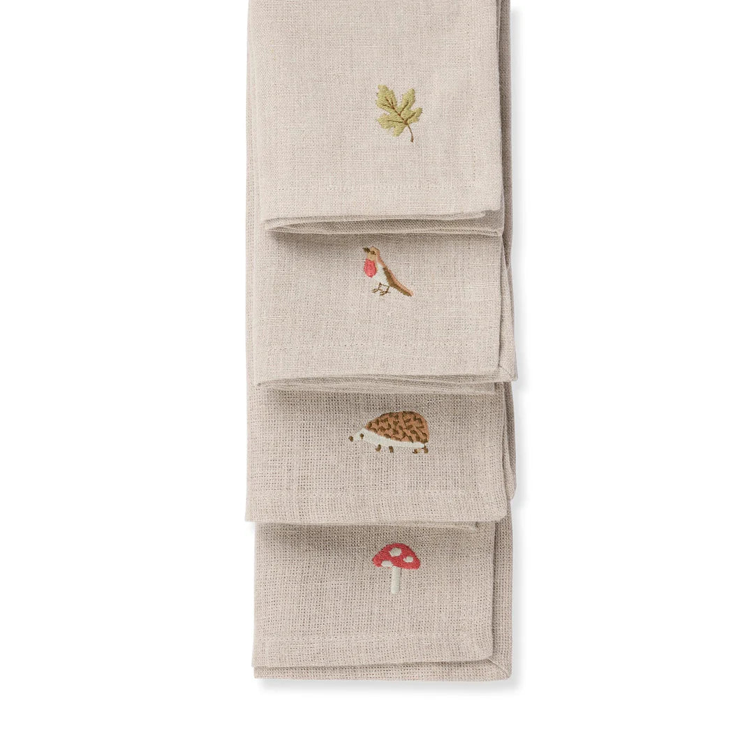 Woodland Friends Embroidered Linen Napkins (Set of 4)