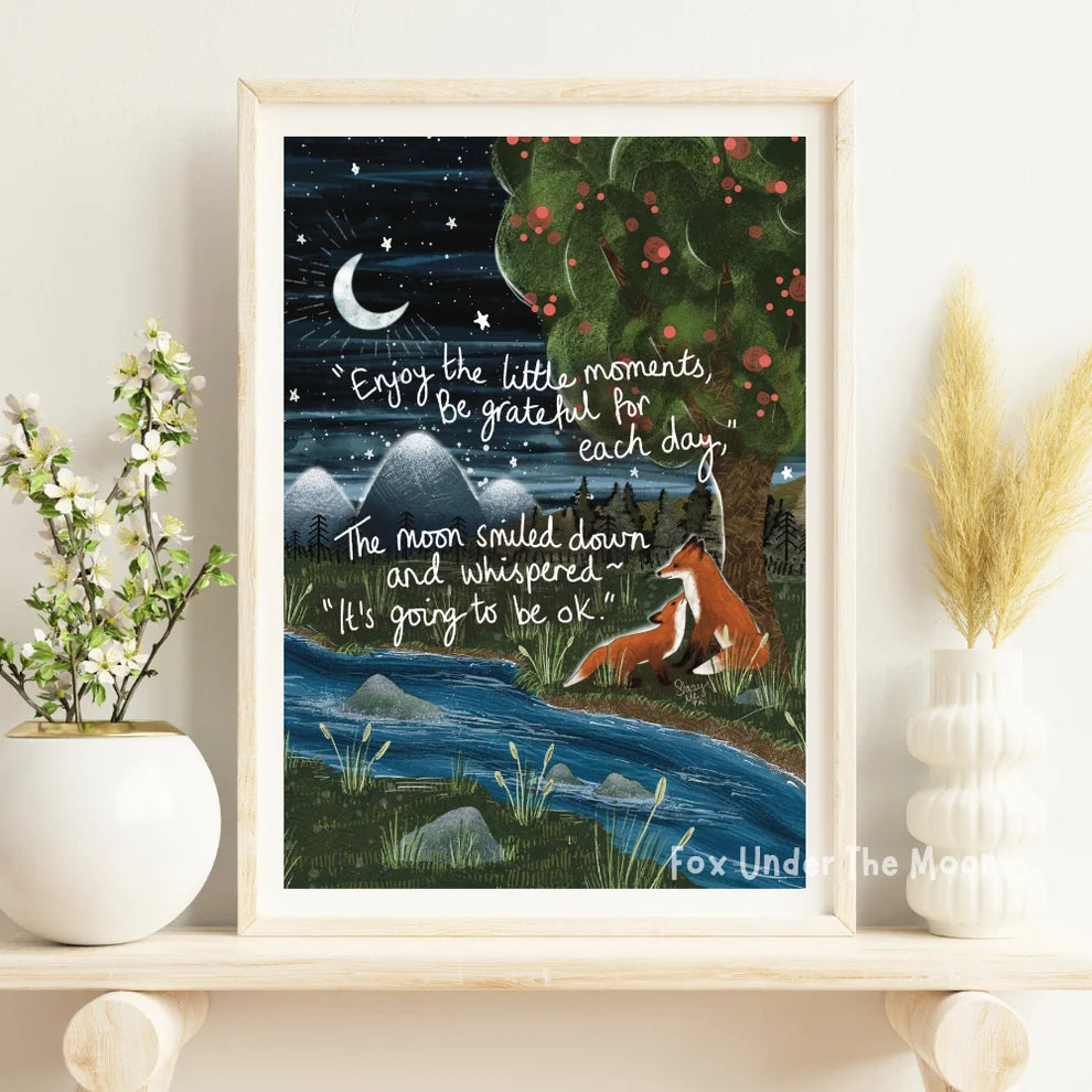 Fox Under The Moon Artist Print - Grateful