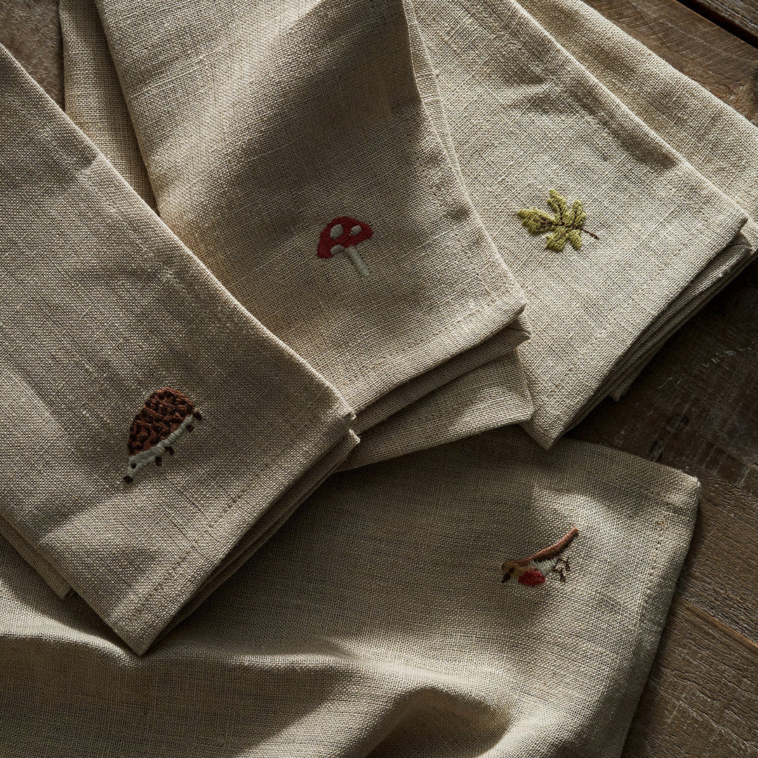 Woodland Friends Embroidered Linen Napkins (Set of 4)