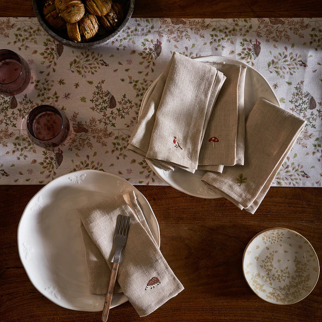 Woodland Friends Embroidered Linen Napkins (Set of 4)