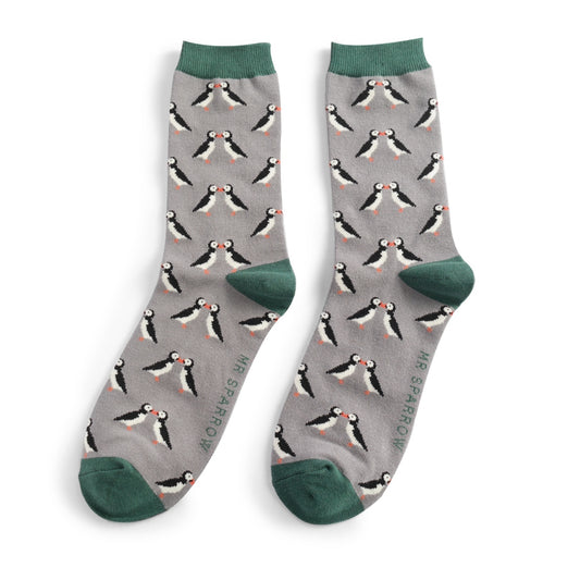 Mr Sparrow Kissing Puffins Socks Grey