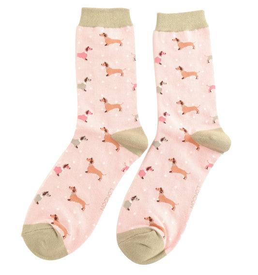 Miss Sparrow Sausage Dog & Spots Socks Dusky Pink