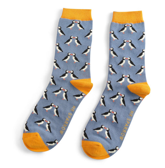 Mr Sparrow Kissing Puffins Socks Denim