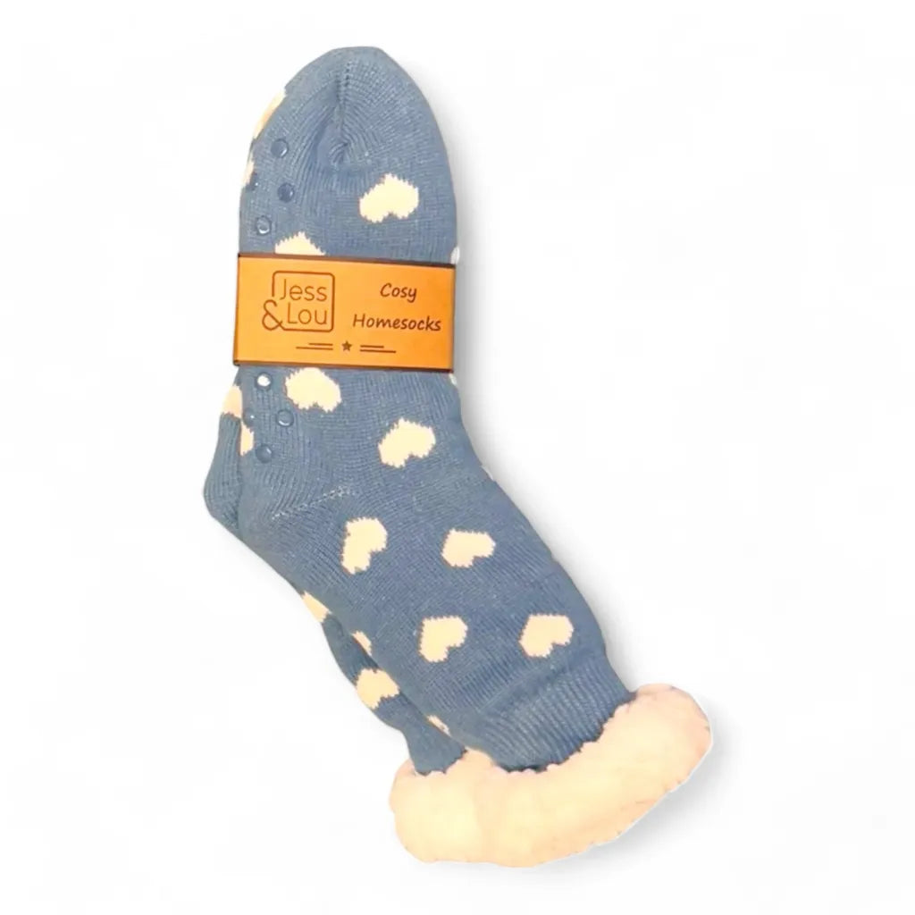 Jess & Lou Cosy Slipper Socks - Cornflower Blue & White Hearts