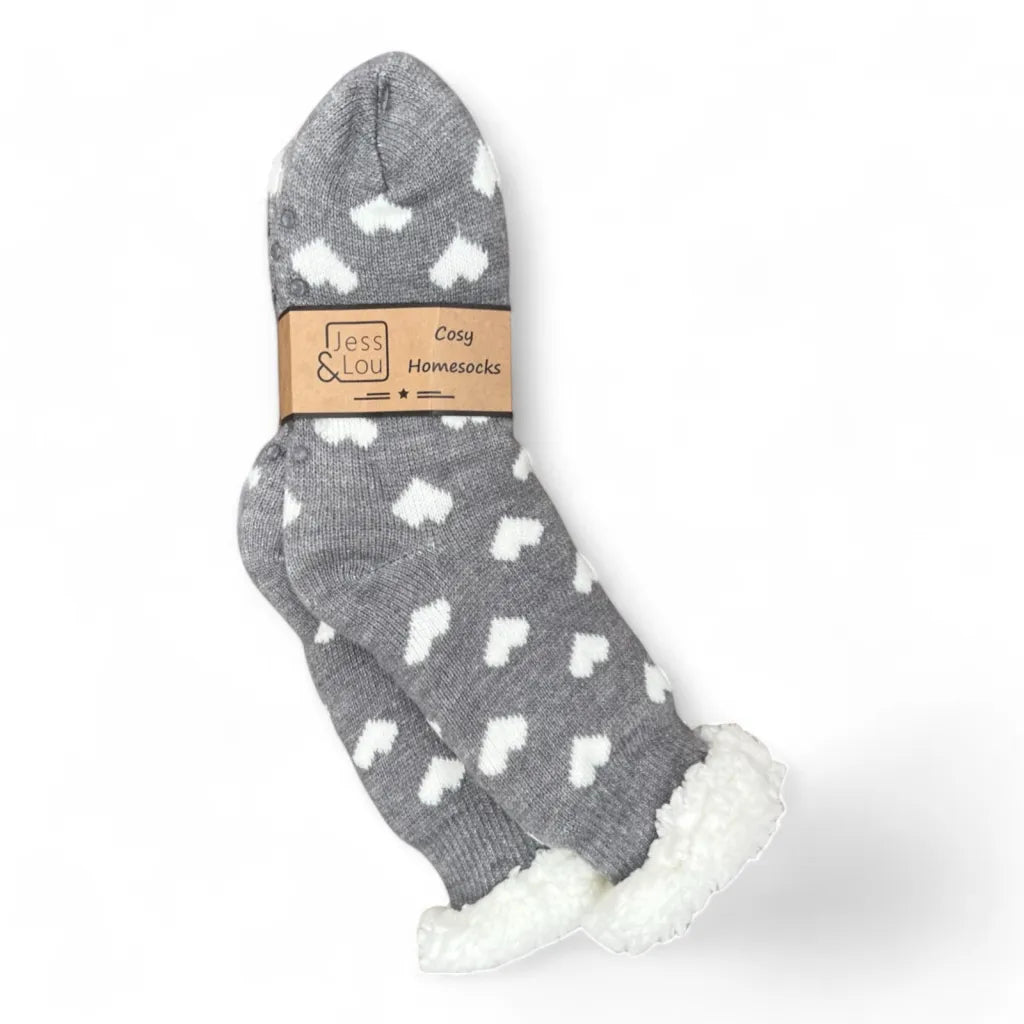 Jess & Lou Cosy Slipper Socks -  Grey & White Hearts