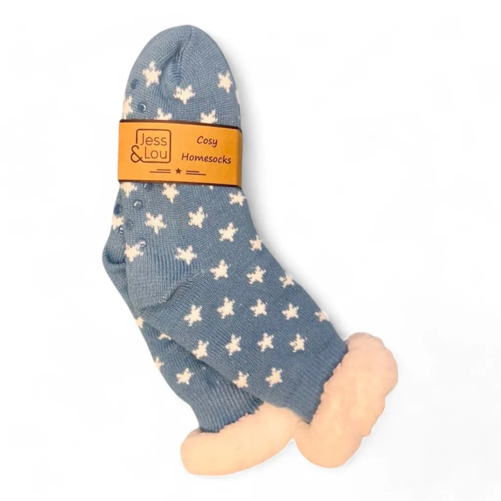 Jess & Lou Cosy Slipper Socks - Cornflower Blue & White Stars