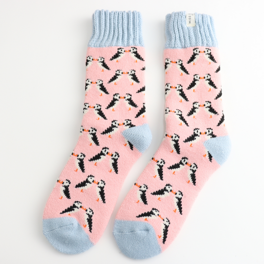 Miss Sparrow Winter Kissing Puffins Dusky Pink Socks