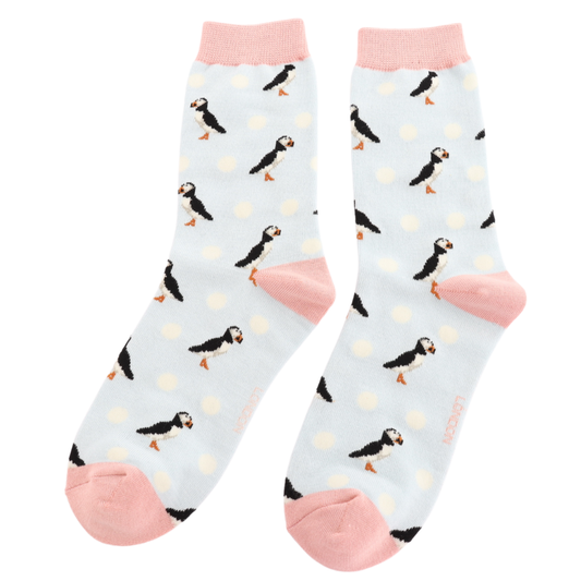 Miss Sparrow Puffin & Spots Socks Sky