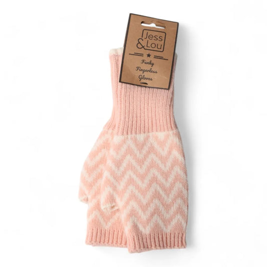 Jess & Lou Fingerless Gloves Pink Herringbone