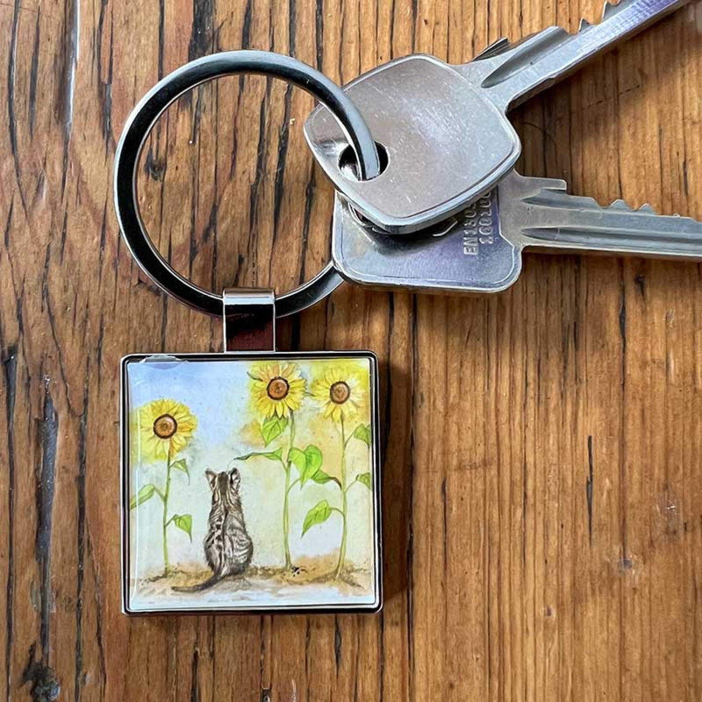 Cat and Sunflowers Keyring