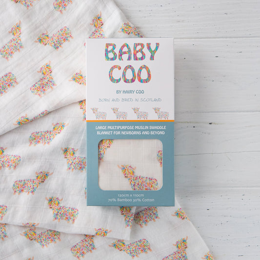 Baby Coo Highland Coo Muslin Baby Blanket