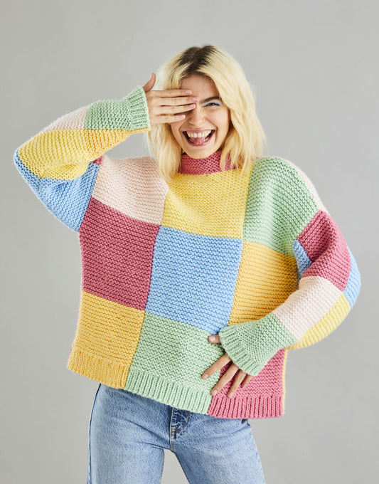 Pattern - PATCHWORK FUNNEL NECK SWEATER IN HAYFIELD BONUS CHUNKY