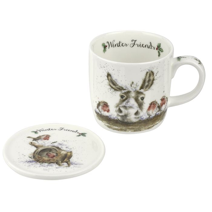 ‘Winter Friends’ Donkey and Robin Mug and Coaster Set