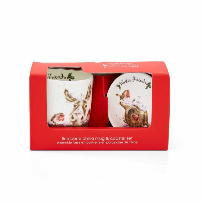 ‘Winter Friends’ Donkey and Robin Mug and Coaster Set