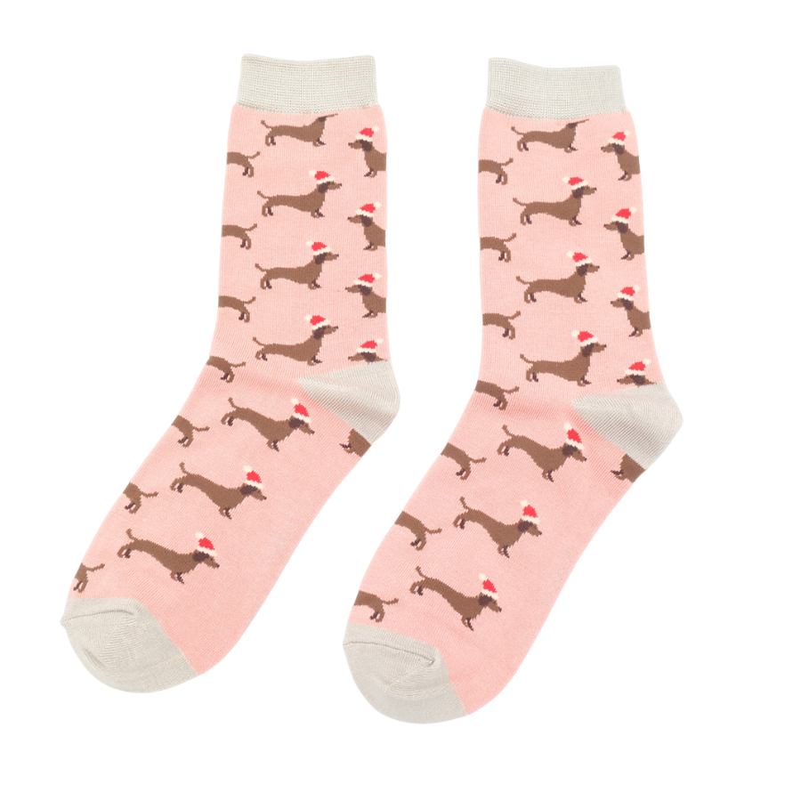 Sausage Dog Santa Socks Dusky Pink