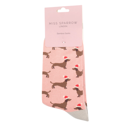 Sausage Dog Santa Socks Dusky Pink